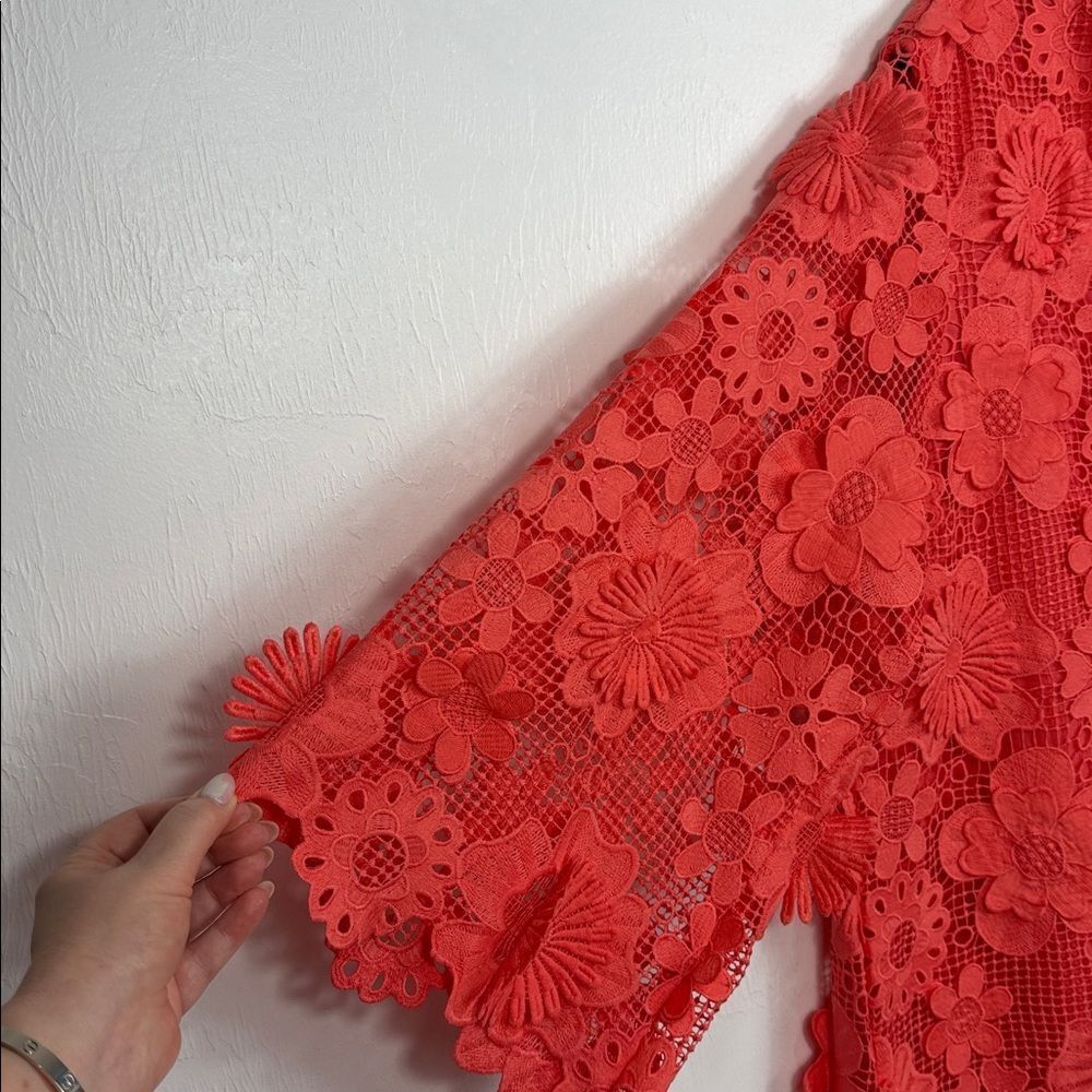 J. Marie The Seraphina Dress Coral Floral Lace Appliqué Crochet Sheer Overlay M - Picture 4 of 9
